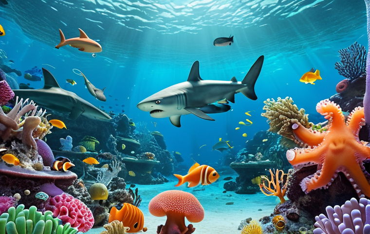 **
Octonauts exploring a vibrant coral reef, showing various marine animals like squid, jellyfish, and sharks. The scene emphasizes the importance of the reef as a habitat and highlights the biodiversity of the ocean.
**