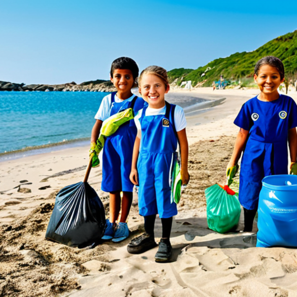 **
"A group of children, fully clothed in appropriate attire, participating in a beach cleanup, collecting plastic waste. Octonauts-themed educational banners are visible in the background. Clear blue sky and sea. safe for work, appropriate content, family-friendly, perfect anatomy, natural proportions, professional illustration, high quality, emphasizing the importance of reducing plastic pollution in a modest and visually engaging way. Encourage recycling habits, appropriate attire, safe for work."
**