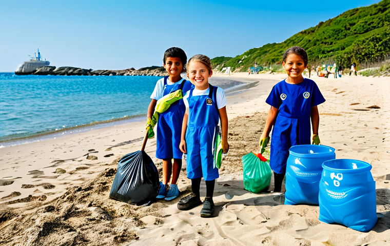 **
"A group of children, fully clothed in appropriate attire, participating in a beach cleanup, collecting plastic waste. Octonauts-themed educational banners are visible in the background. Clear blue sky and sea. safe for work, appropriate content, family-friendly, perfect anatomy, natural proportions, professional illustration, high quality, emphasizing the importance of reducing plastic pollution in a modest and visually engaging way. Encourage recycling habits, appropriate attire, safe for work."
**