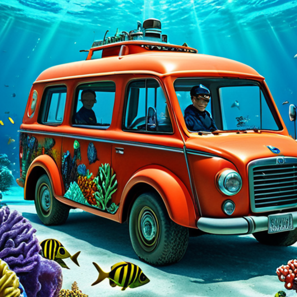 **
A vibrant underwater scene featuring Captain Barnacles, Peso, and Kwazii in their Gup-A vehicle, exploring a colorful coral reef teeming with various marine creatures. Safe for work, appropriate content, fully clothed, family-friendly, professional illustration, perfect anatomy, natural proportions.
**