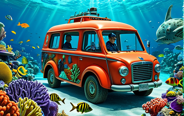 **
A vibrant underwater scene featuring Captain Barnacles, Peso, and Kwazii in their Gup-A vehicle, exploring a colorful coral reef teeming with various marine creatures. Safe for work, appropriate content, fully clothed, family-friendly, professional illustration, perfect anatomy, natural proportions.
**