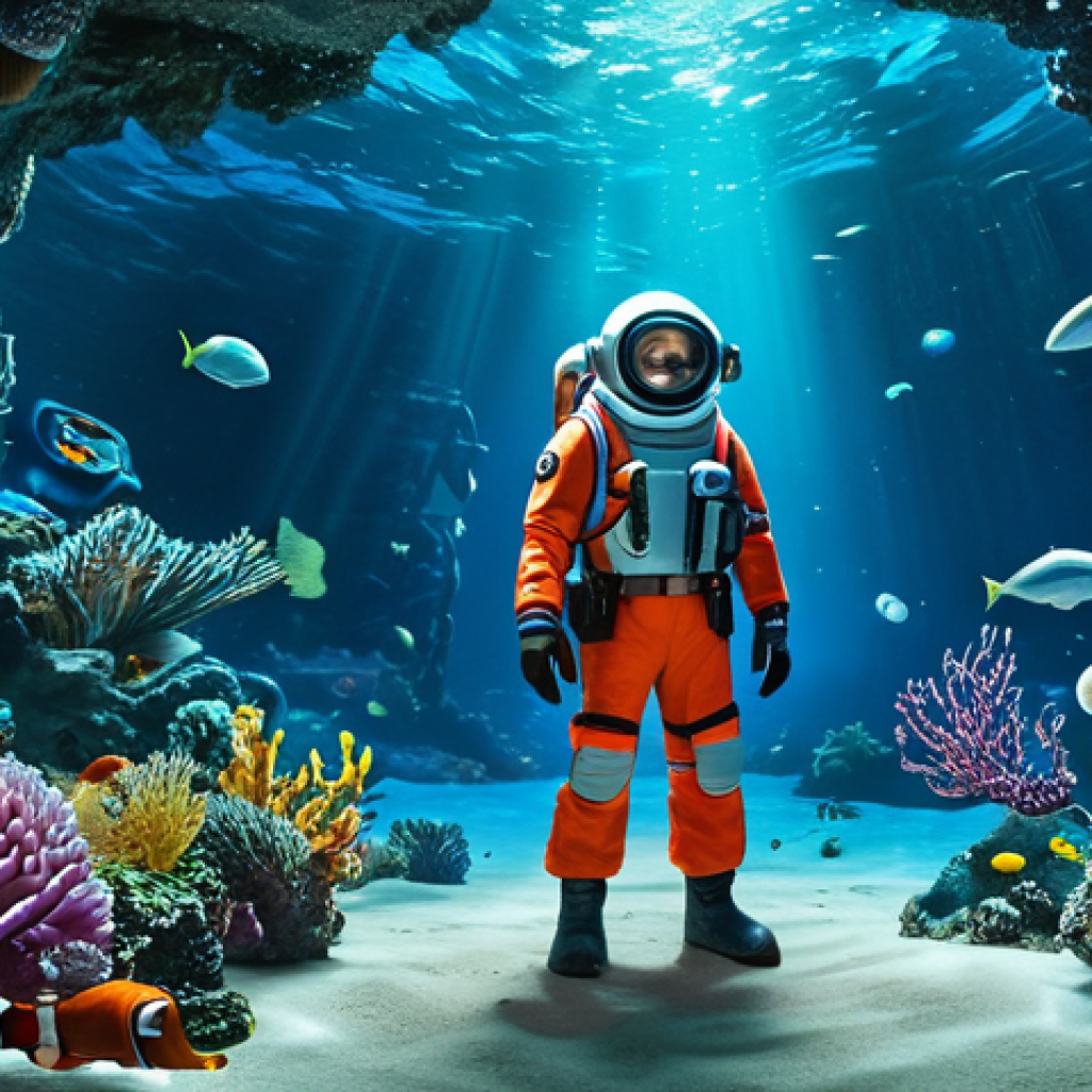 ** A brave Kwazi exploring a mysterious underwater cave, fully clothed in his Octonaut uniform, surrounded by glowing coral and unique sea creatures. Safe for work, appropriate content, family-friendly, professional. Perfect anatomy, correct proportions, natural pose.
**