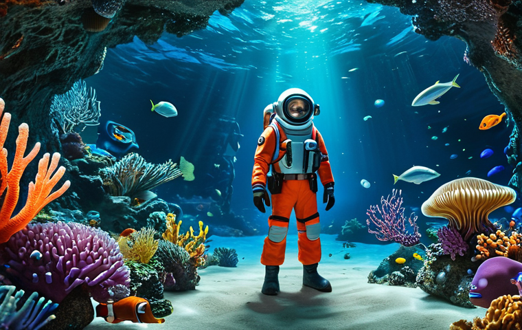 ** A brave Kwazi exploring a mysterious underwater cave, fully clothed in his Octonaut uniform, surrounded by glowing coral and unique sea creatures. Safe for work, appropriate content, family-friendly, professional. Perfect anatomy, correct proportions, natural pose.
**